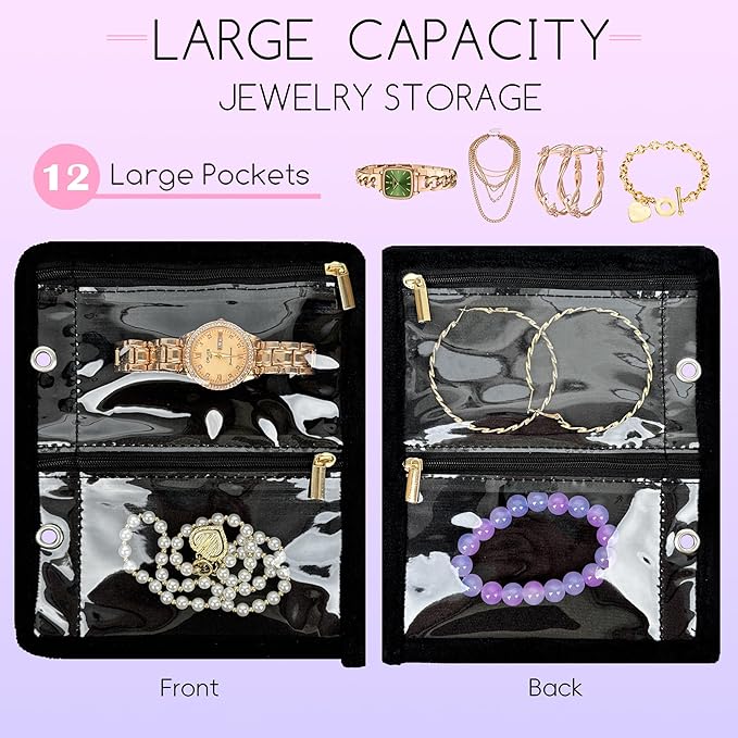 Travel Jewelry Organizer Case,Jewelry Bags for Traveling, Jewelry Binder with 24 Pcs Clear Zipper Velvet Pouches (Inner Pages