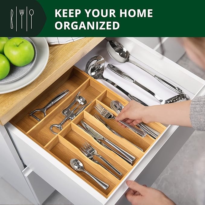 ROYAL CRAFT WOOD Adjustable Bamboo Drawer Dividers Organizers (17-22") - Bamboo Kitchen Drawer Organizer 7 Slot