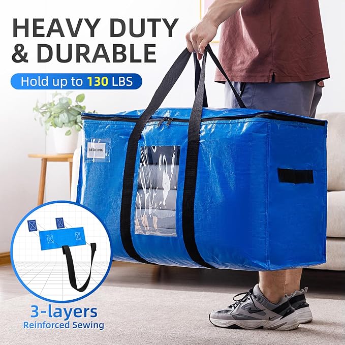TAILI Extra Large Moving Bags, 2 Pack Blue Heavy Duty Totes for Storage with Visible Window, Wrap Around Handles, Storage Bag