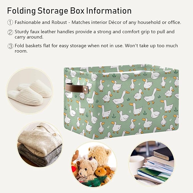 xigua Cartoon Goose Storage Basket Collapsible Storage Bins Waterproof Canvas Storage Basket with Leather Handles for Home Cl