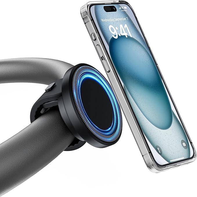 Stroller Phone Holder, Compatible with MagSafe, Magnetic Handlebar Mount, 17x N52 Strong Magnets, Fits Treadmills, Peloton, Shopping & Golf Carts, Adjustable Strap, iPhone 12–17 & Android
