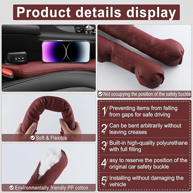 UREHEPO 2 pcs Leather Car Seat Gap Filler Organizer, Interior Car Accessories to Stop Things from Dropping for Car SUV Truck Camper, Fill The Gap Between Seat and Console - Wine Red
