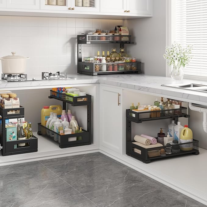 2 Pack 17IN Depth Under Sink Storage Organizer, Large 2-Tier Elegant Mesh Pull Out Shelf for Kitchen and Bathroom Cabinet Org