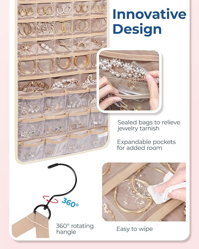 BAGSMART Hanging Jewelry Organizer, Necklace Holder Anti-tangle Earrings Rings Hanger with Pockets Hang on Closet, Wall, Door