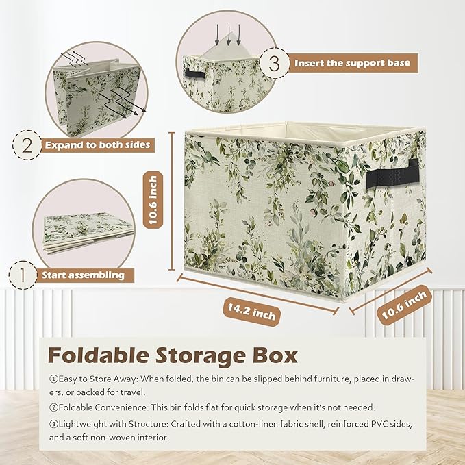 Watercolor Green Botanical Storage Box Bins, Rustic Cottagecore Flower Botanical Collapsible Storage Basket Organizer for Bed