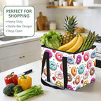 Donuts Pattern Reusable Grocery Bags Large Shopping Tote Bag with Reinforced Bottom Board, Water Resistant Foldable Storage B