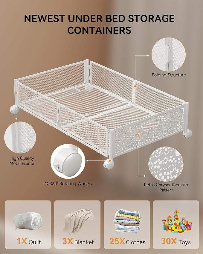 Under Bed Storage with Wheels, Foldable Pattern Carved Metal Under The Bed Storage, Tool-Free Assembly Underbed Storage, 60L 