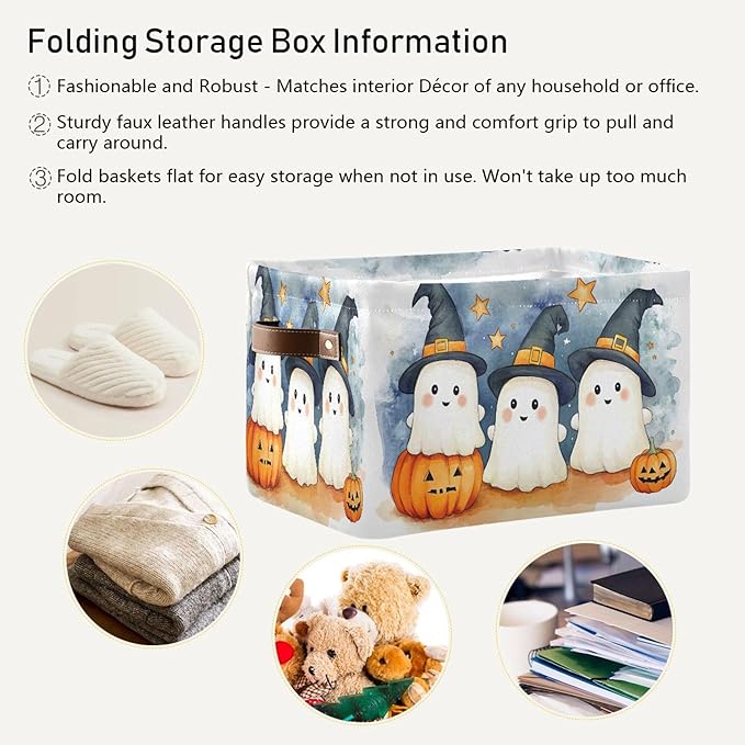 xigua Cute Cartoon Ghosts Storage Basket Foldable Storage Bin, Canvas Rectangular Storage Basket with Leather Handles for Hom