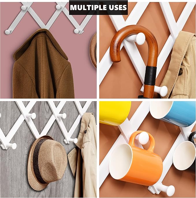 Amber Home Wood Accordion Wall Rack 17 Hooks (Pegs), Expandable Wall Mounted Hanger for Coat, Hat, Scarf, Coffee Mugs, X Shap
