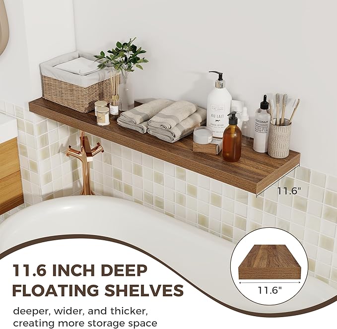 Fun Memories 12 Deep Floating Shelves for Wall, 48W x 12D Extra Large Floating Shelves Set of 2, Hanging Wood Wall Shelves fo
