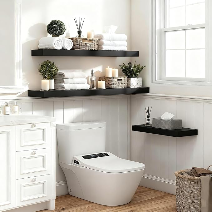 Set of 3 Farmhouse Solid Wood Floating Shelves 22.5 inch Black Wall Mounted Storage Shelves for Bathroom Over Toilet, Bedroom