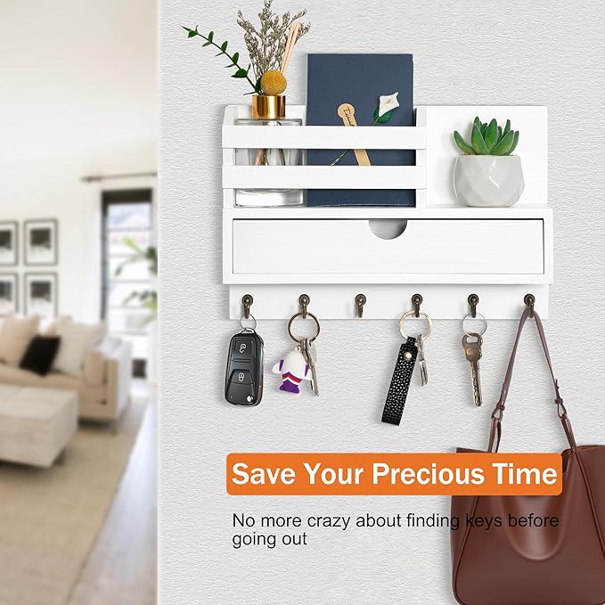 dreampossible Key and Mail Holder for Wall, Mail Organizer Wall Mount with 6 Hooks and Storage Drawer, Wooden Key Rack Hanger