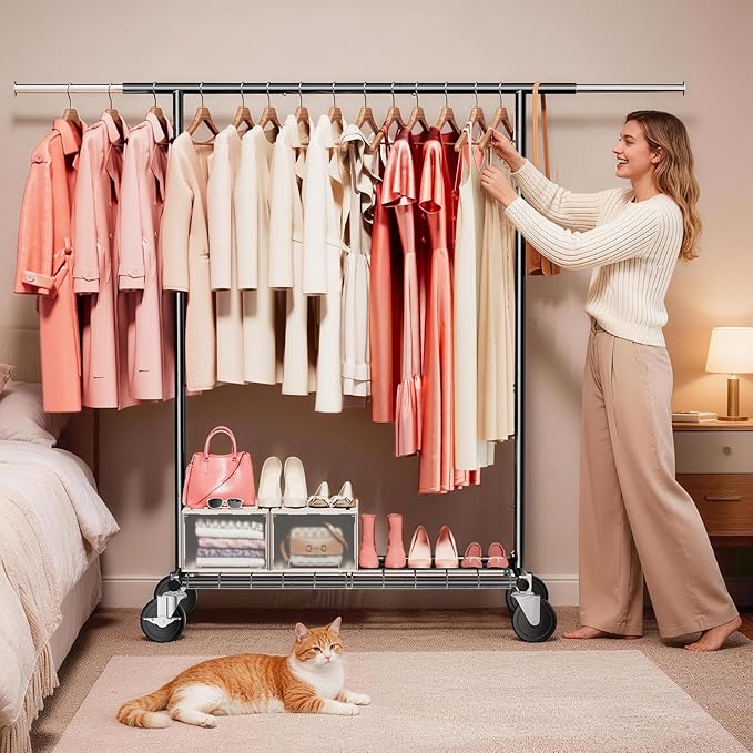 Heavy Duty Clothes Rack - Load 500 LBS, Rolling Clothing Rack for Hanging Clothes with Lockable Wheels & & Shelves, Extendabl