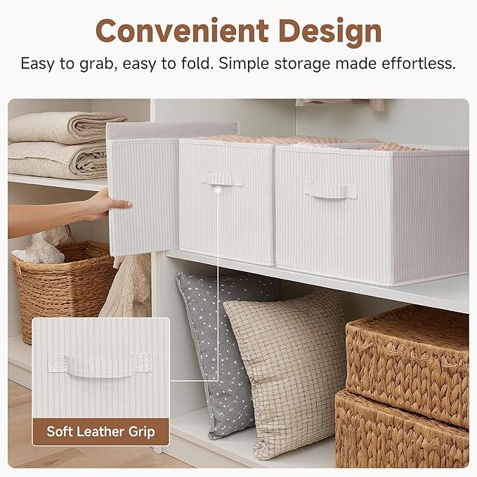 StorageWorks Foldable Shelf Organizer Bins, Closet Storage Baskets for Clothes, Storage Bins for Organization, Beige Stripes,