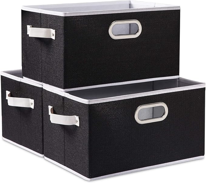 PRANDOM Large Collapsible Storage Bins for Closet [3-pack] Decorative Fabric Storage Baskets Cubes with Leather/Metal Handles