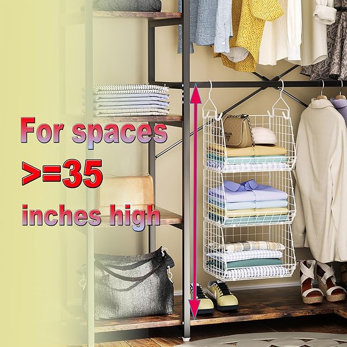 X-cosrack 3 Tier Foldable Closet Organizer, Clothes Shelves with 5 S Hooks, Wall Mount&Cabinet Wire Storage Basket Bins, for 