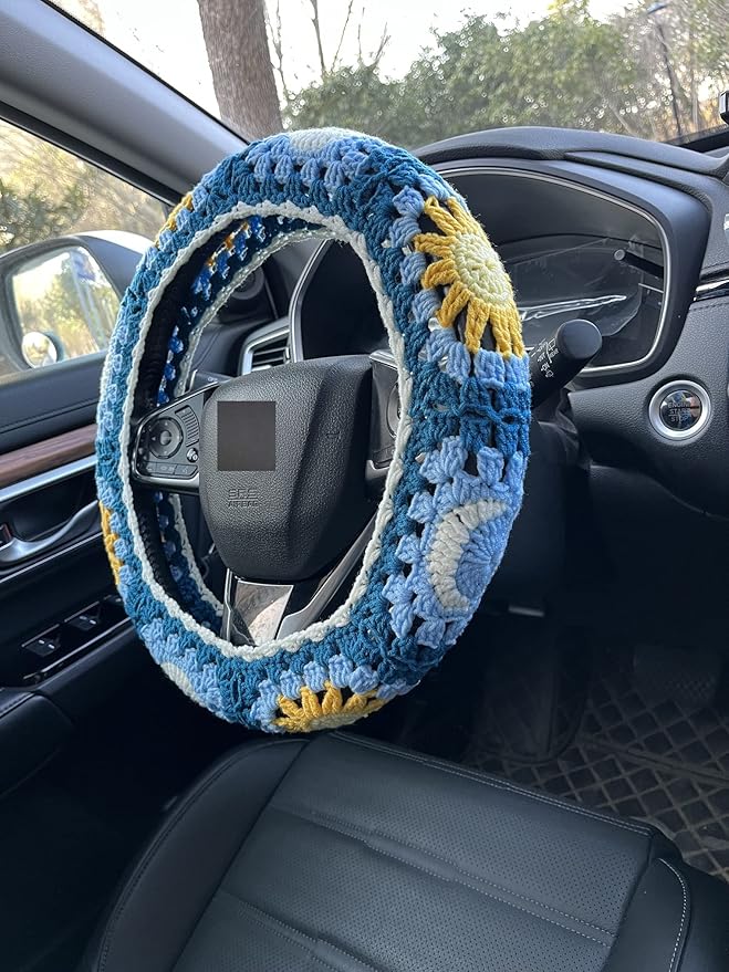 Handmade Crochet Sun and Moon Car Steering Wheel Covers Universal 14-15 inch for Women and Men (Steering Wheel Cover)