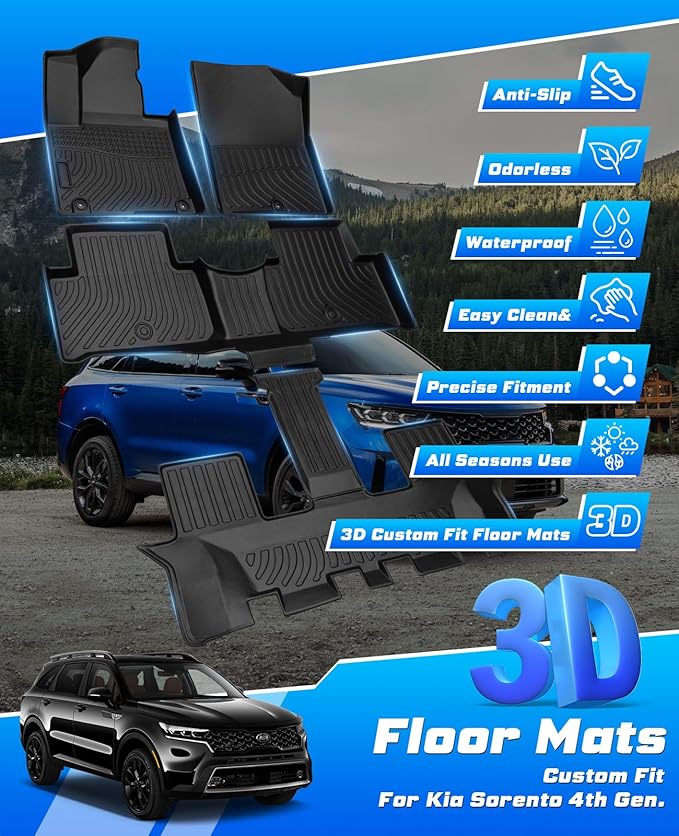 Sunsdrew Floor Mats for 2021-2025 2026 Kia Sorento Accessories (6/7 Seat, Not for Hybrid), All Weather Car Mats Front Rear 3 Rows Floor Liners TPE Rubber Raised Edge