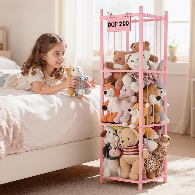 LAMU Stuffed Animal Storage, Wooden Zoo Stuffed Animal Holder with Elastic Cords, Space Save Toy Organizer, Extra Large Capac