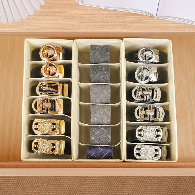 3 Packs Fabric Belt Organizer, 6 Grids Belt Organizer for Closet and Drawer, Foldable Dresser Drawer Organizers, Tie Storage 