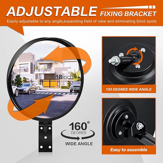 18-Inch Convex Security Corner Mirror - Adjustable Fixing Bracket, Wide Angle, Indoor and Outdoor Use - Ideal for Warehouse, Office, Industrial Areas, Parking Garage, Alleys and Driveways