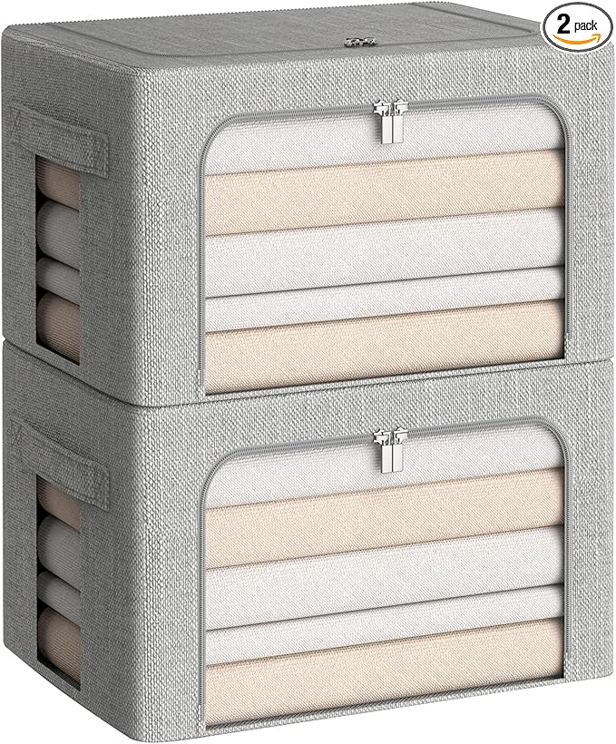 CYhom Clothes Storage Bins Box - Linen Fabric Foldable Stackable Container Organizer Set with Clear Window & Carry Handles & 