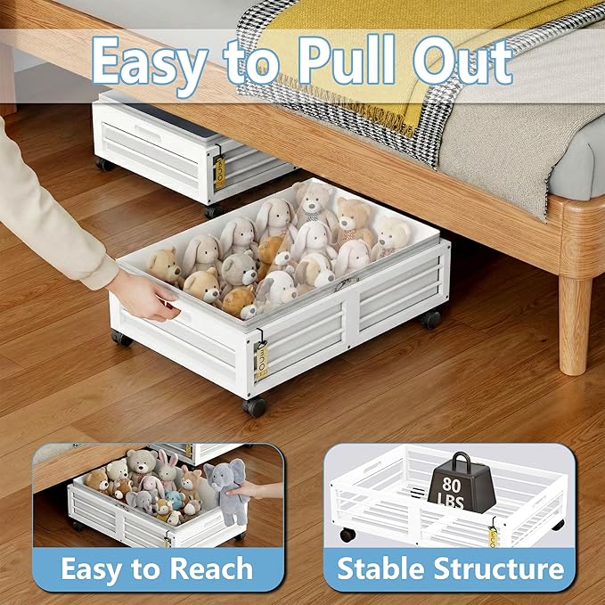 Under Bed Storage Containers with Wheels, Larger Bamboo Wood Under Furniture Storage Containers with Dust Bags，Rolling for Sh