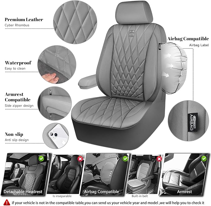 CAR PASS Piping Luxury PU Leather Two Front Car Seat Covers, Waterproof Anti Slip Seat Covers Compatible with Front Seat Armr