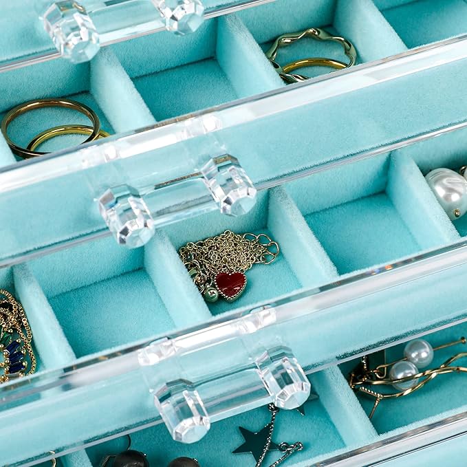 Frebeauty Acrylic Jewelry Organizer Earring Organizer Box with 5 Drawers Earring Holder Organizer with Velvet Trays Clear Jew