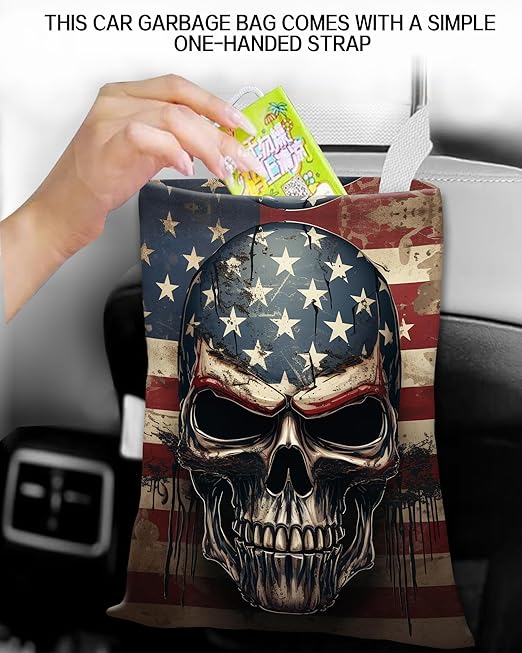 Car Trash Can, Durable Hanging Car Trash Garbage Bag, Cute Automotive Garbage Cans Organizer, American Flag Skull Print