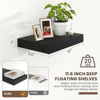 Deep Floating Shelves | 16 Inch Black Floating Shelves Set of 2 | 12 Inch Deep Black Wall Shelves | Deep Shelves for Living R