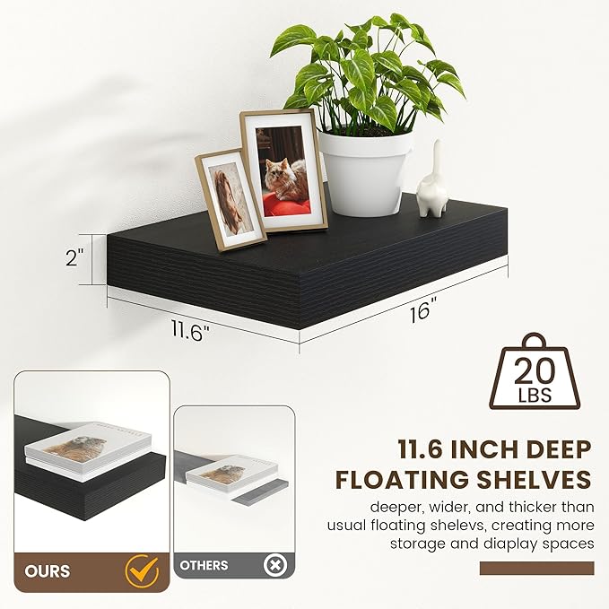 Deep Floating Shelves | 16 Inch Black Floating Shelves Set of 2 | 12 Inch Deep Black Wall Shelves | Deep Shelves for Living R