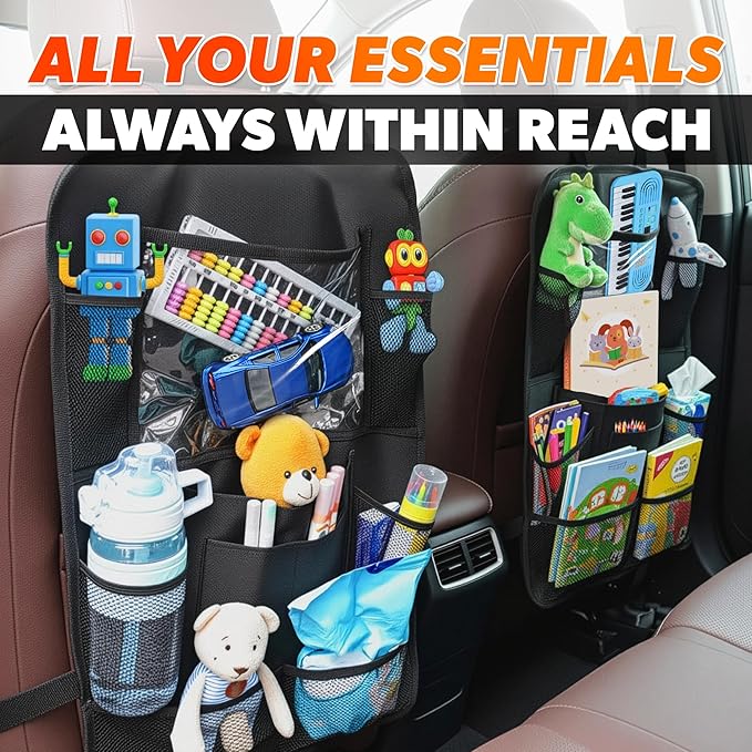2 Pcs Backseat Car Organizer - Universal 23.4x16" Back Seat Car Organizer with 9 Large Pockets & Clear Tablet Holder, Made of Reliable Polyester with Long and Strong Straps - Easy to Attach & Clean