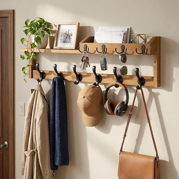Coat Rack Wall Mount with Shelf, 27.5" Entryway Wall Hanging Shelf, Coat and Key Hanger with 10 Dual Hooks, Mail Organizer an