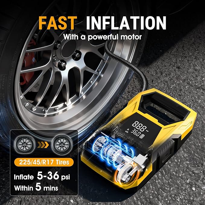 CARSUN Cordless Tire Inflator Portable Air Compressor, 150 PSI Portable Air Pump for Car Tires with Digital Dual Values Display, Tire Pump for Car, Bike, Motorcycle, Ball (with 7800mAh Battery)
