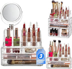 Masirs Clear Makeup Organizer with Mirror – 16-Compartment Cosmetic and Jewelry Holder, 4-Drawer Vanity Storage, Elegant Clea