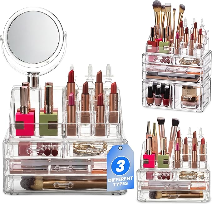 Masirs Clear Makeup Organizer with Mirror – 16-Compartment Cosmetic and Jewelry Holder, 4-Drawer Vanity Storage, Elegant Clea