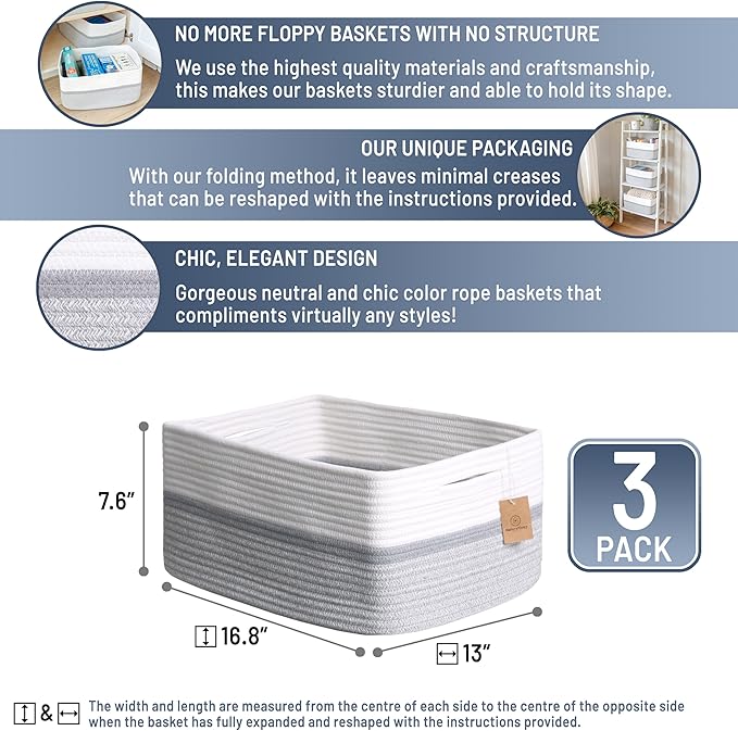 NaturalCozy Storage Baskets 16.8”x13”x7.6” Cotton Rope Woven Baskets for Organizing 3-Pack | Toy Storage Bins | Basket for Sh