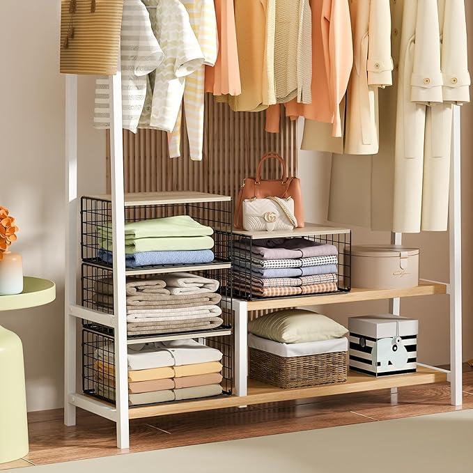 Extra-Long, Low-Profile Closet Organizers and Storage with Wood Top, 3 Pack Stackable Closet Shelf Organizer, Space-Saving Cl