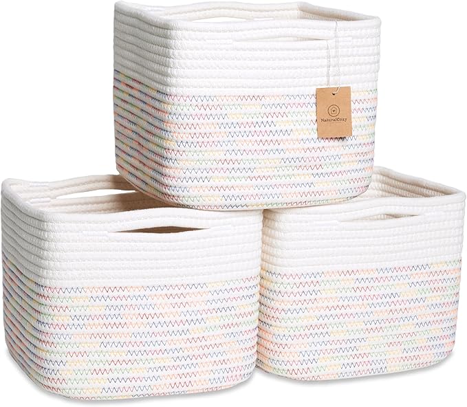 NaturalCozy Storage Cubes 9”x9”x7”Cotton Rope Woven Baskets for Organizing 3-Pack | 9 Inch Cube Storage Bin | Small Basket fo