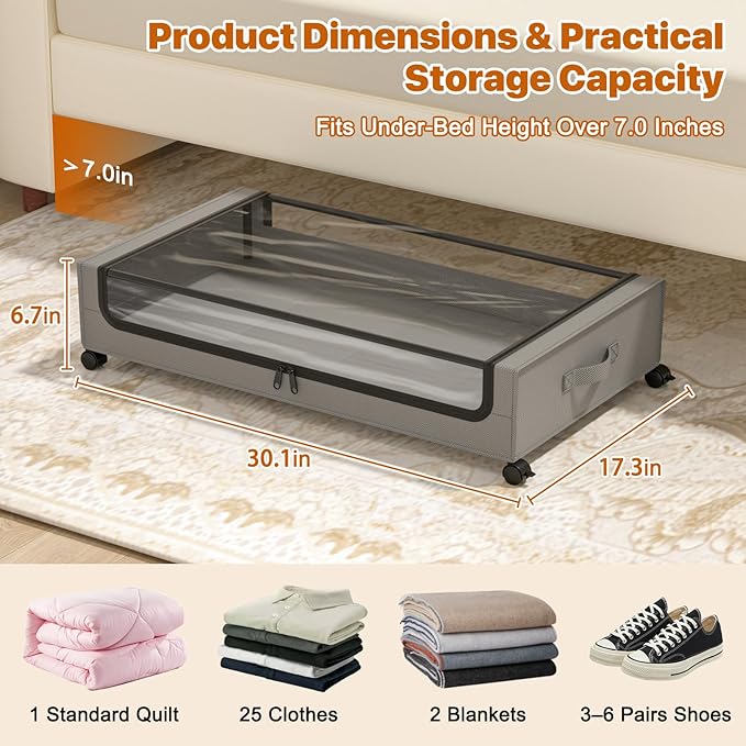 Under Bed Storage with Wheels,XXL 60L Under Bed Storage Containers with Clear Lids, Rolling Under Bed Metal Drawer for Clothe
