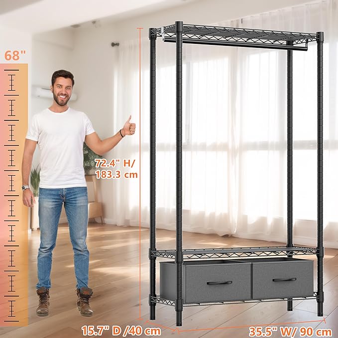 M MZG Heavy Duty Rolling Garment Rack 3 Tiers Adjustable Wire Shelving with Rod, Storage Closet Clothing Rack with Drawers Da