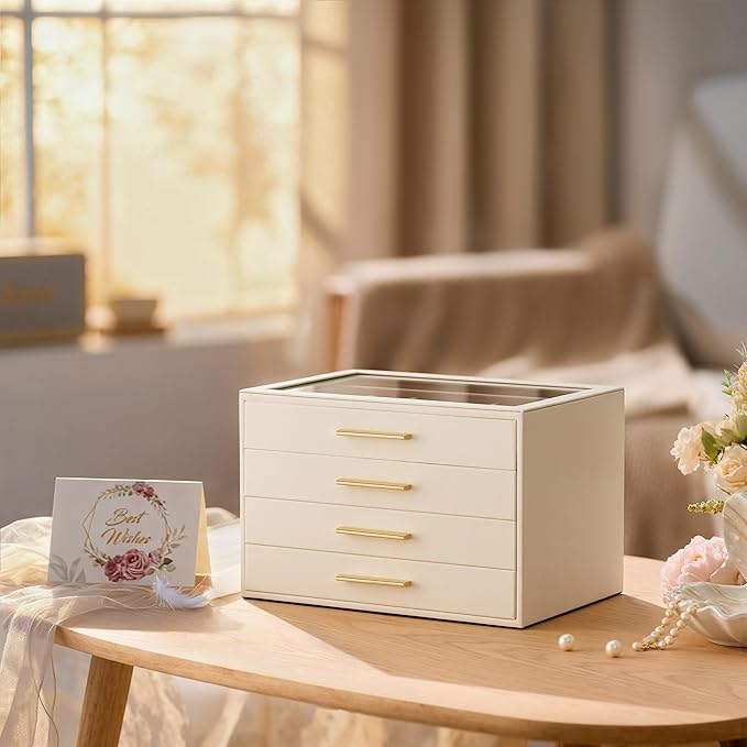 pickpiff Jewelry Box Organizer Case for Women: 4-Layer Jewelry Storage Case with Glass Window, Ivory Leather with Pink Velvet