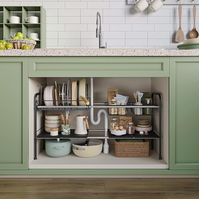 NETEL Adjustable Under Sink Organizers and Storage,Pots and Pans Organizer Under Kitchen Cabinet,Pan Lid Organizers inside Ca
