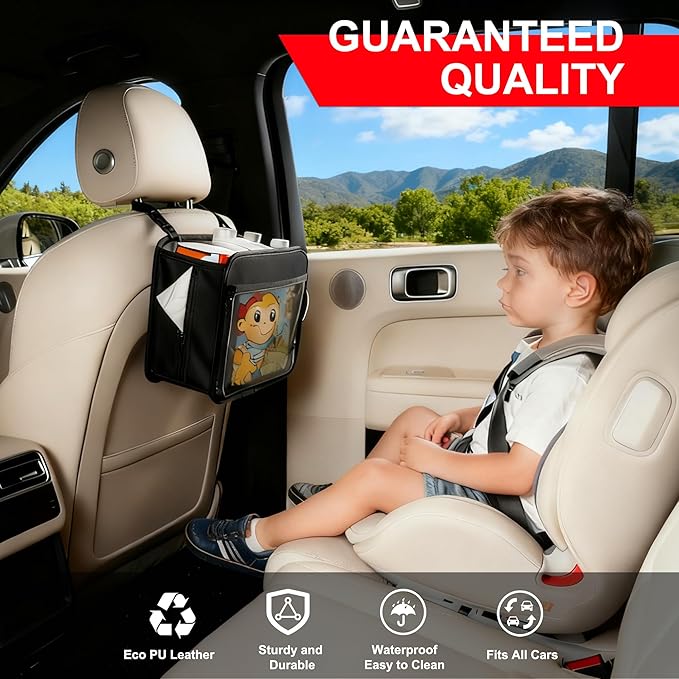 Car Organizer Bag for Back Seat Front Seat or Between Seats Premium PU Leather Hanging Storage Caddy with Tablet Holder Tissue Box Cup Bottle Holders Mesh Pockets for Kids Adults