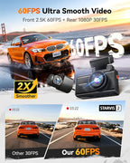 WOLFBOX X3 2.5K 1440P 60FPS Dash Camera, STARVIS 2 IMX675 with ADAS, 1440P+1080P Dual Dashcam Front and Rear Camera 5MP with 