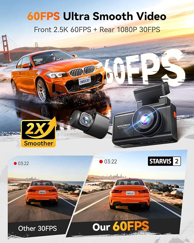 WOLFBOX X3 2.5K 1440P 60FPS Dash Camera, STARVIS 2 IMX675 with ADAS, 1440P+1080P Dual Dashcam Front and Rear Camera 5MP with 