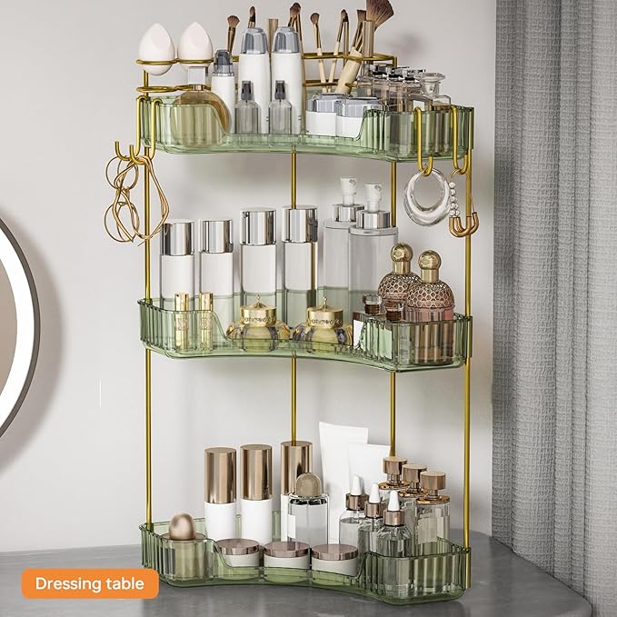 3-Tier Corner Bathroom Counter Organizer，Makeup & Skincare Shelf with Built-in Brush Holder，Space-Saving Bathroom Countertop 