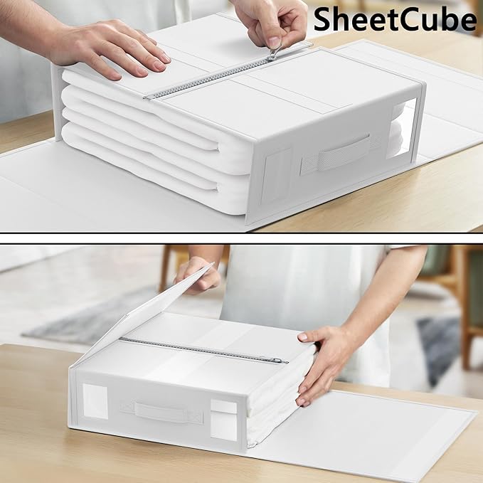 SheetCube Bed Sheet Organizers and Storage 4 Pack, Foldable Linen Closet Organizer with Window and Label, Bedding Folder Stor
