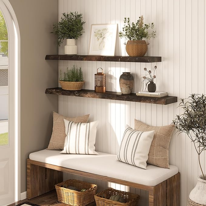 48" Rustic Elm Floating Shelves - Solid Wood Live Edge with Invisible Brackets, Wall Mounted Shelf for Living Room, Kitchen &